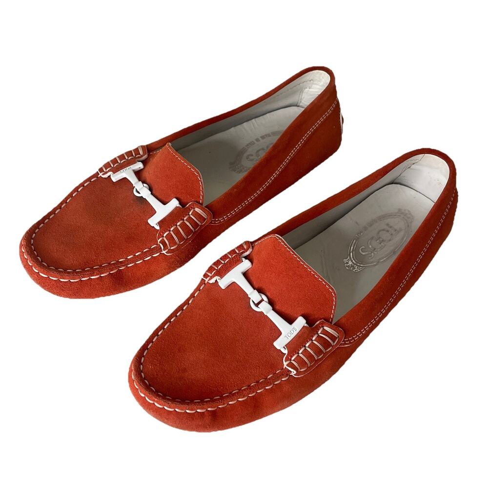Tod’s Gommino Rust Suede Leather Driving Loafers White Horsebit Buckle 39 / 8.5